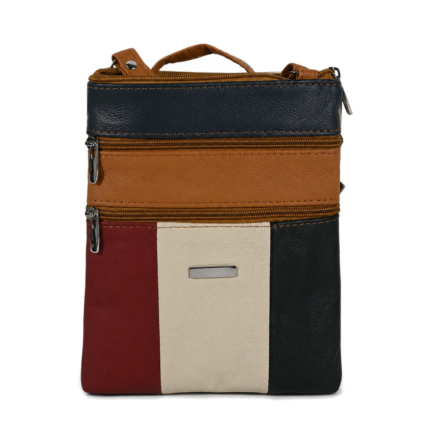 Colour-block cowhide pouch with horizontal front zips and burgundy, cream and black lower panels — Cowhide leather, SKU 2383