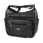 Black shoulder bag with raised zip front and diagonal panel strips — Sheepskin leather, SKU 2591