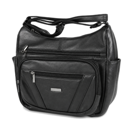 Black shoulder bag with raised zip front and diagonal panel strips — Sheepskin leather, SKU 2591
