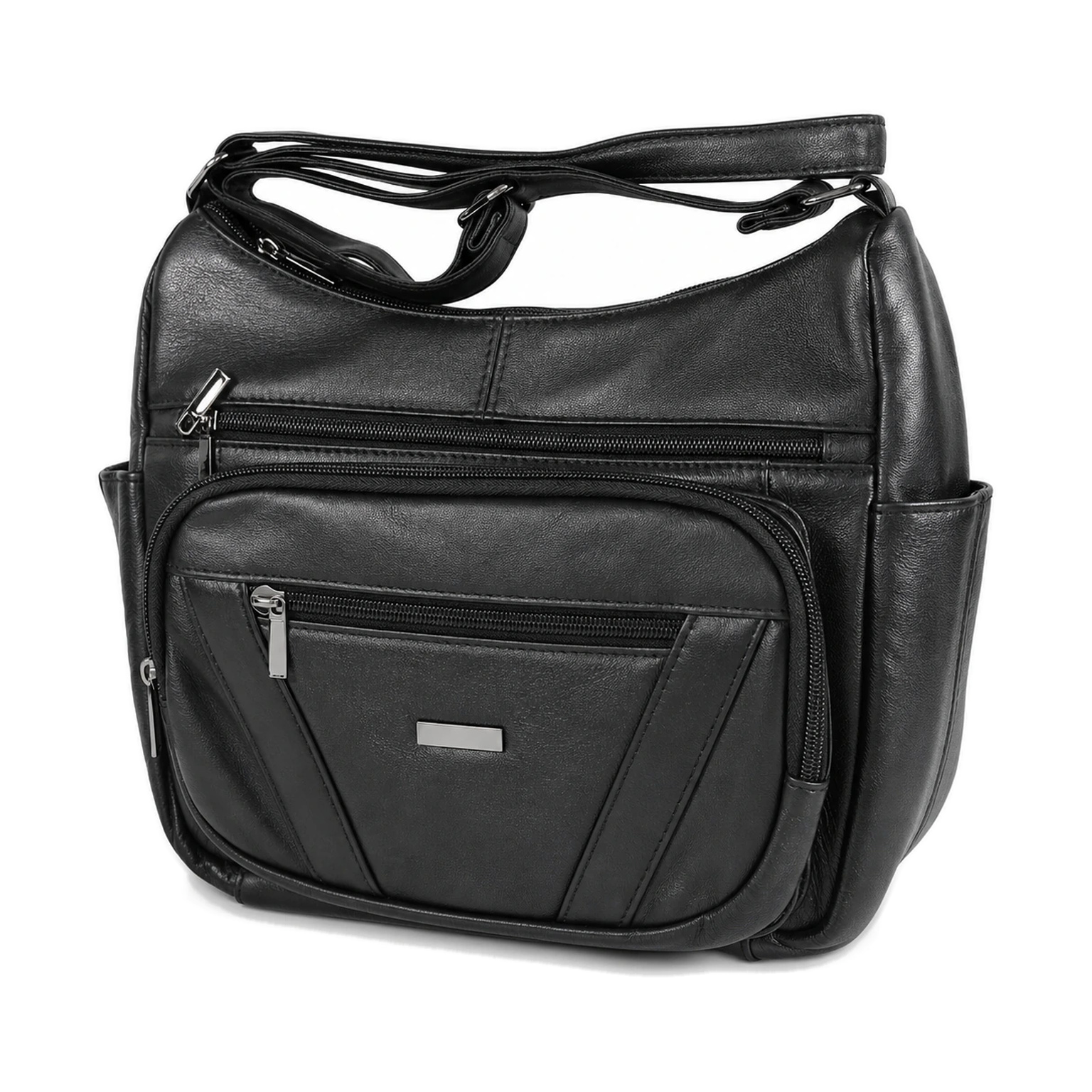 2591 normalized catalog main image Black shoulder bag with raised zip front and diagonal panel strips — Sheepskin leather, SKU 2591