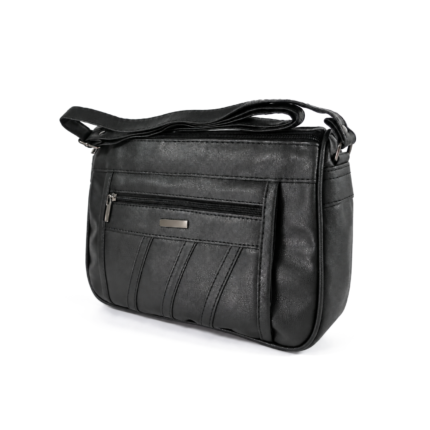 Angled black bag showing piping and side gusset — PU leather, SKU 2685
