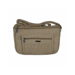 Beige sample with diagonal front strips and zip-top opening — PU leather, SKU 2685