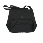 Opposite face of the black bag with circular patch and raised rounded front section — Polyester fabric, SKU 3042