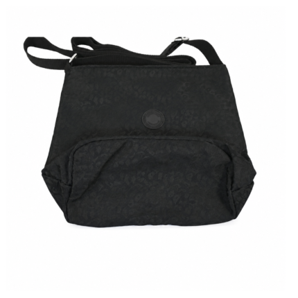 Opposite face of the black bag with circular patch and raised rounded front section — Polyester fabric, SKU 3042