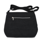 Black patterned bag shown from its flatter zip side with a folded webbing strap — Polyester fabric, SKU 3042
