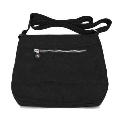 Black patterned bag shown from its flatter zip side with a folded webbing strap — Polyester fabric, SKU 3042