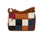 Rear patchwork grid with horizontal zip and tan shoulder strap — Cowhide leather, SKU 3083
