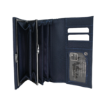 Opened navy wallet with accordion sections, card sleeves and clear window — Cowhide leather, SKU 3173