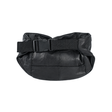 Back of the waist bag with stitched panel bands and black webbing strap — Sheepskin leather, SKU 3441