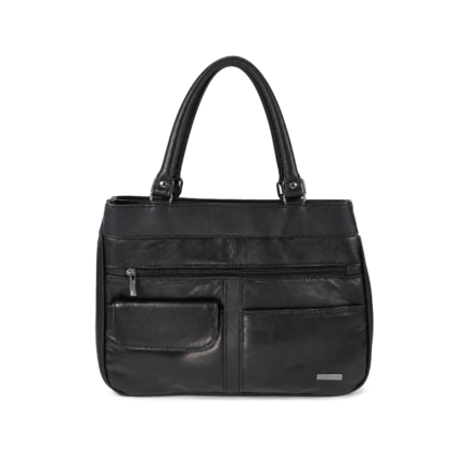 Front of the black tote showing a long zip above a small flap detail — Sheepskin leather, SKU 3591
