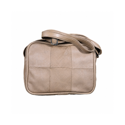Back of the taupe bag with a rectangular panel grid and folded adjustable strap — Cowhide leather, SKU 3801