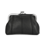 Black coin purse with silver-tone kiss-lock frame and vertical seams — Sheepskin leather, SKU 3941