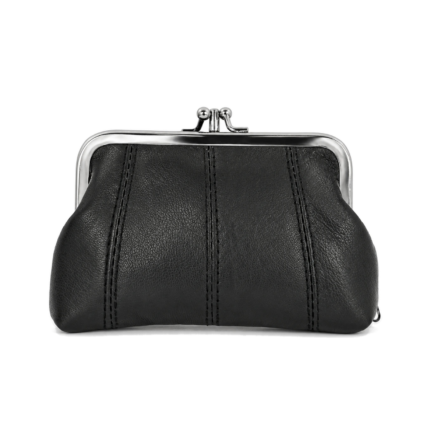 Black coin purse with silver-tone kiss-lock frame and vertical seams — Sheepskin leather, SKU 3941