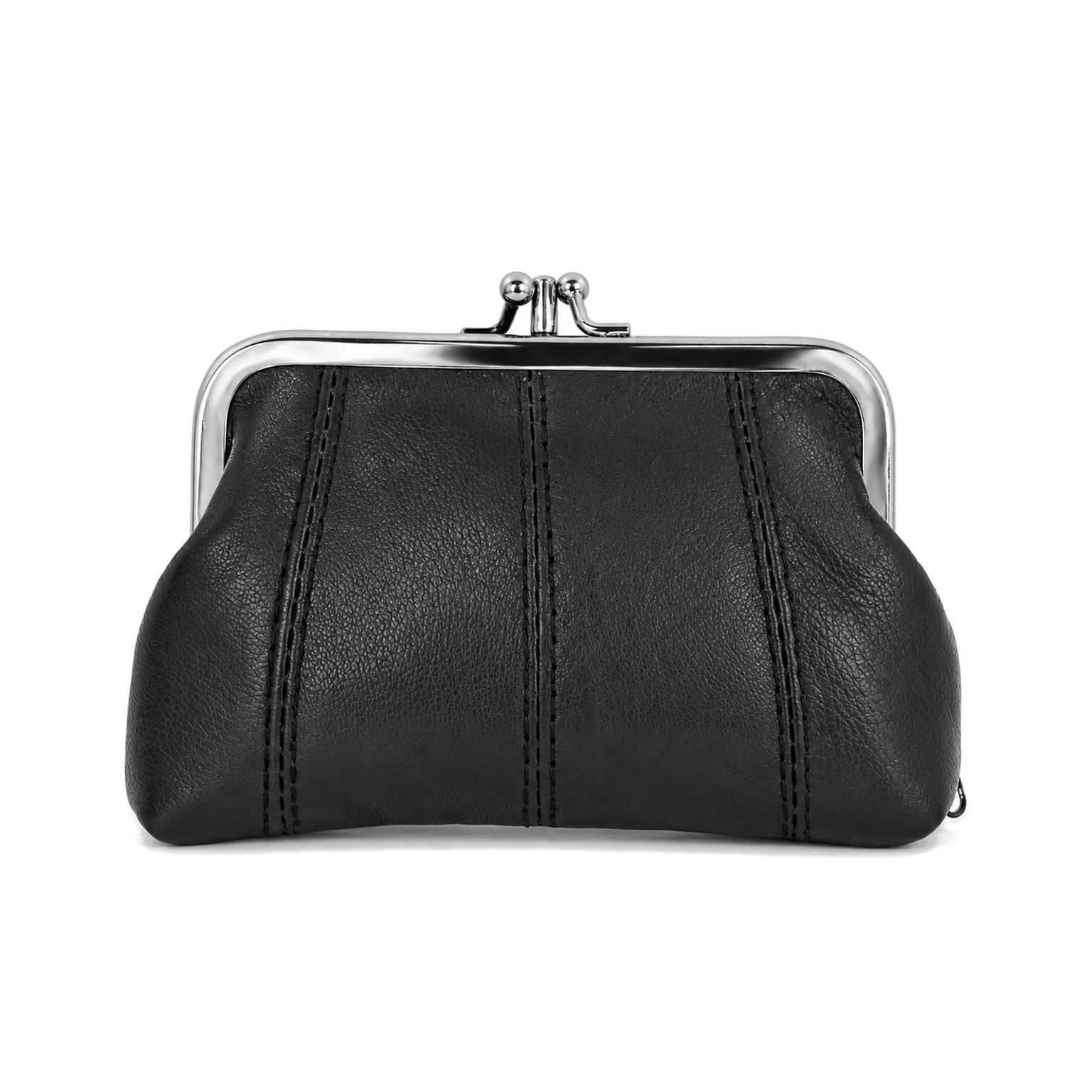 3941 normalized catalog main image Black coin purse with silver-tone kiss-lock frame and vertical seams — Sheepskin leather, SKU 3941