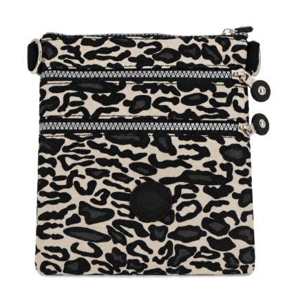 Leopard-print pouch with twin front zips and round black patch — Polyester fabric, SKU 4442