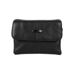 Front of black pouch with rounded flap and centre plaque — Sheepskin leather, SKU 4491