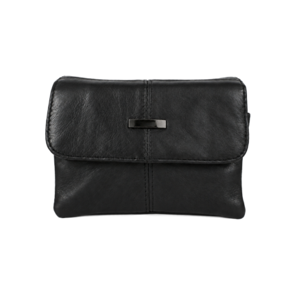 Front of black pouch with rounded flap and centre plaque — Sheepskin leather, SKU 4491