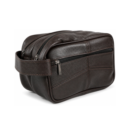 Brown hand pouch with parallel top zips and broad side loop — Cowhide leather, SKU 4573