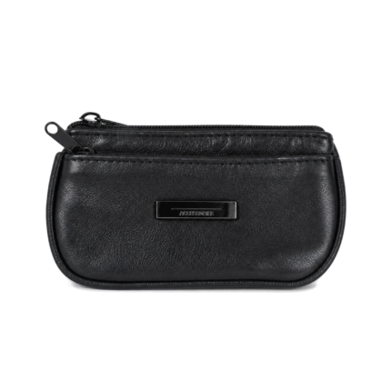 Black sheepskin pouch with rounded piped front and staggered upper zips — Sheepskin leather, SKU 4641
