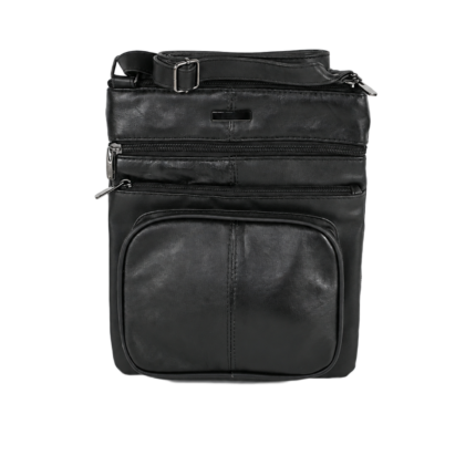 Front of the black bag with rectangular plaque and layered zip layout — Sheepskin leather, SKU 4891
