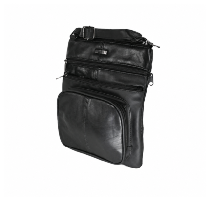 Angled black crossbody bag showing the depth of its rounded lower section — Sheepskin leather, SKU 4891