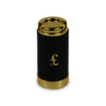 Front detail of the cylindrical holder with pound symbol and circular top fitting — PU leather, SKU 5068