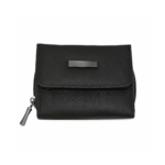 Black flap wallet photographed with hanging tag — Cowhide leather, SKU 5073