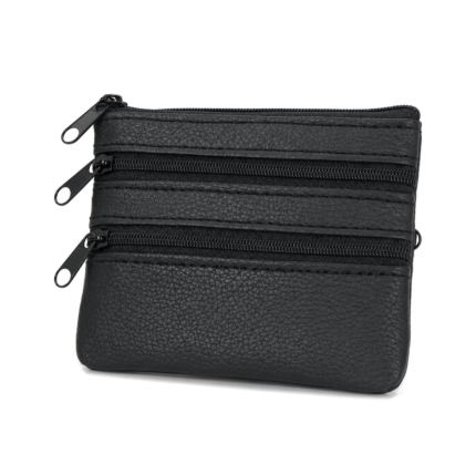 Black zip wallet with two stacked front zips and a top zip — PU leather, SKU 6051