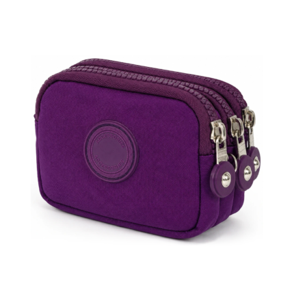 Purple fabric purse with parallel zips and circular patch — Polyester fabric, SKU 6052