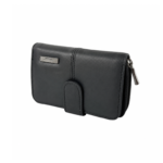 Angled view of the black wallet with its front tab oriented downward — Cowhide leather, SKU 6073