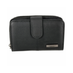 Front of the wallet showing the rounded tab and offset plaque — Cowhide leather, SKU 6073