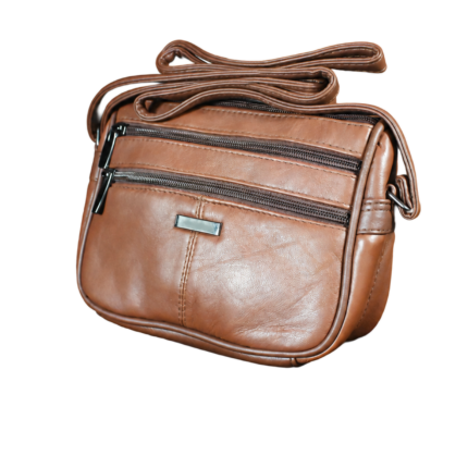 Angled brown bag showing side gusset and ring attachment — Sheepskin leather, SKU 642B