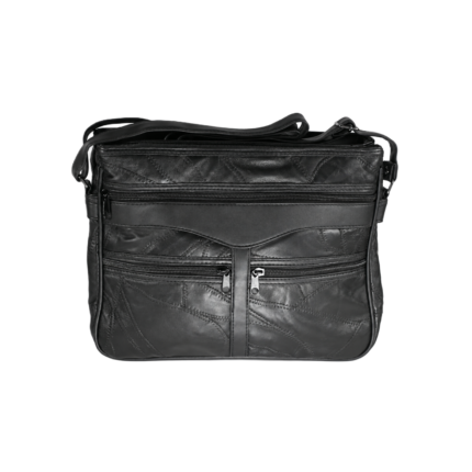 Front of the black shoulder bag with a long upper zip and two lower zip sections — Sheepskin leather, SKU 6774