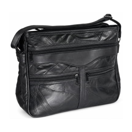 Black panelled shoulder bag with front zip sections and a side-mounted strap — Sheepskin leather, SKU 6774
