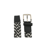 Black-and-white braided belt ends with black tabs and a rectangular silver-tone pin buckle — Nylon braid with PU leather end tabs, SKU 6972