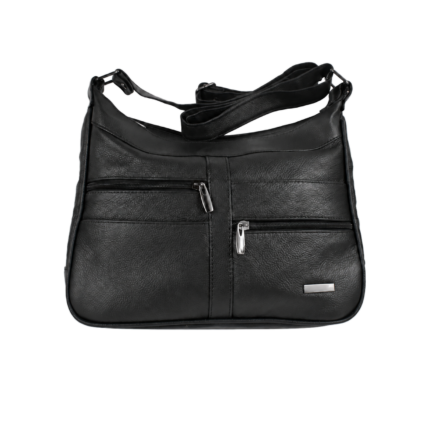 Front of the bag showing the higher left zip and lower right zip — Cowhide leather, SKU 706FB