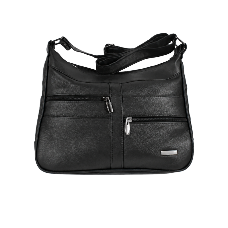 Front of the bag showing the higher left zip and lower right zip — Cowhide leather, SKU 706FB