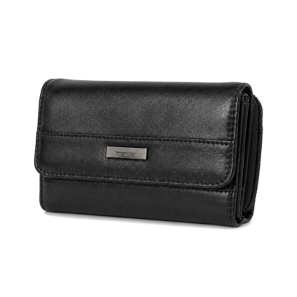 Black wallet with banded front flap and small rectangular plate — Sheepskin leather, SKU 7221