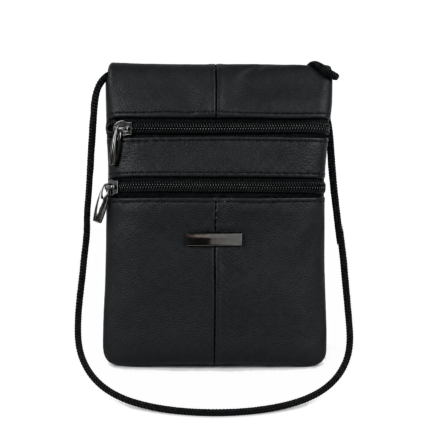 Black upright pouch with cord strap and two horizontal front zips — Cowhide leather, SKU 7300