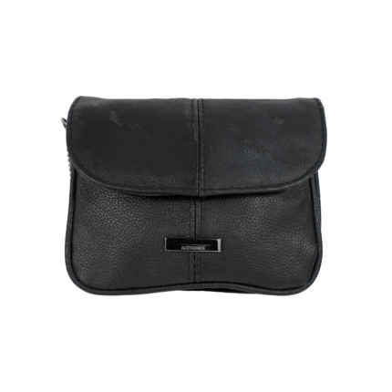Black flap pouch front with plaque below the cover — Cowhide leather, SKU 7373