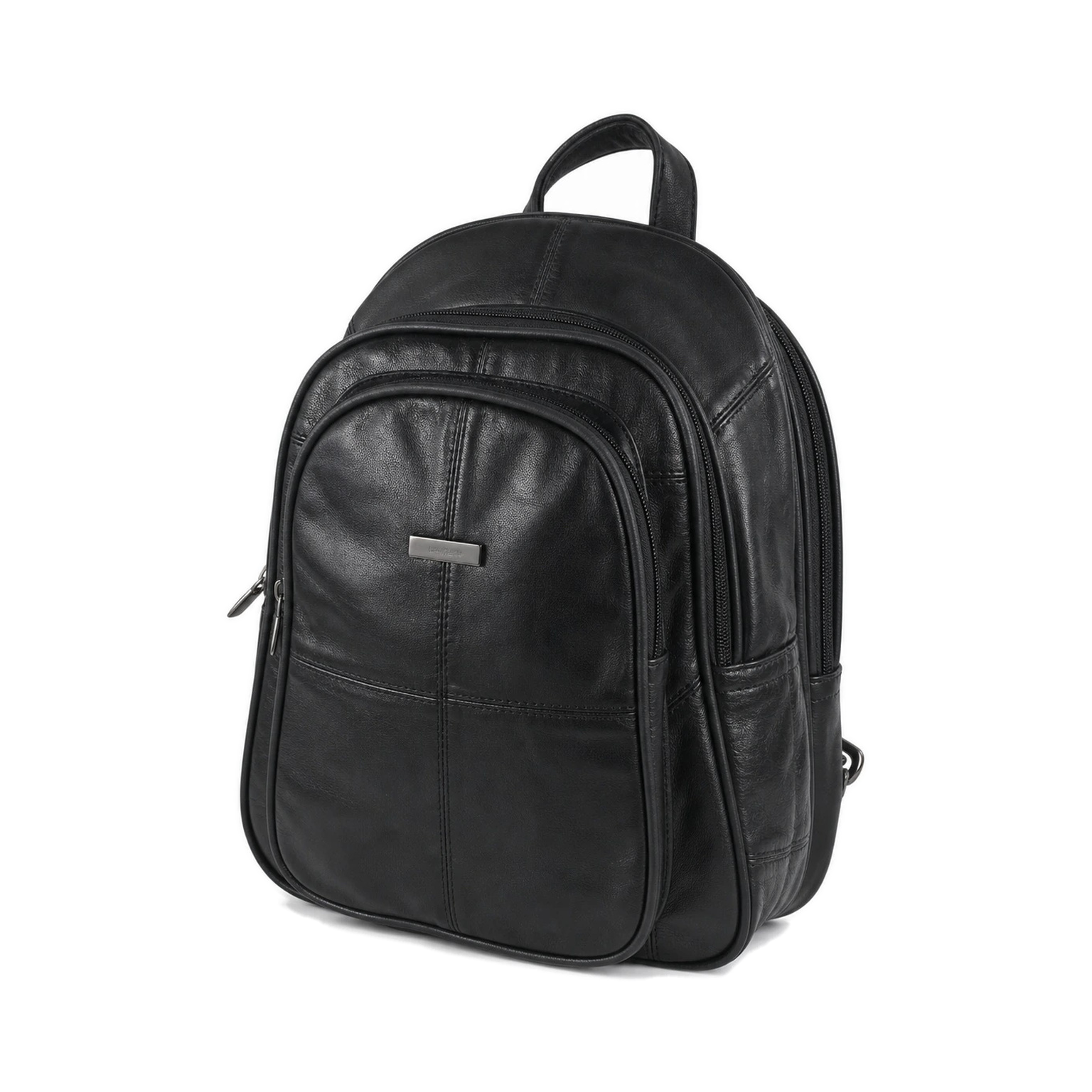 Sheepskin Leather Multi-Zip Commuter Backpack SKU 8591 normalized catalog product image Black backpack with layered arched zip sections and top handle — Sheepskin leather, SKU 8591