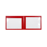 Open red holder with two clear display windows and matching borders — PU leather, SKU 8941