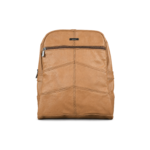 Front of the tan backpack with a central vertical seam and angled panel joins — Cowhide leather, SKU 9573