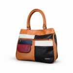 Patchwork tote with tan handles and off-centre burgundy flap — Cowhide leather, SKU C3591