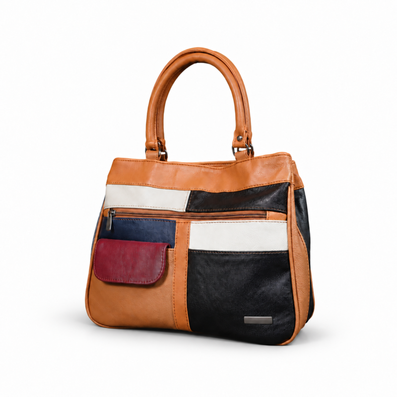 Patchwork tote with tan handles and off-centre burgundy flap — Cowhide leather, SKU C3591